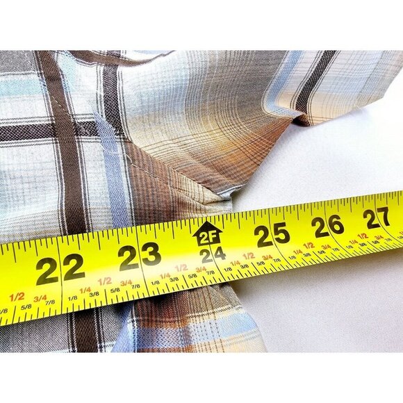 Prana Sz XL Mens Brown Gray Camel Blue Check Short Sleeve Neck Pocket Logo Shirt - Picture 2 of 13